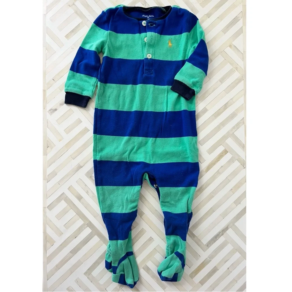 RALPH LAUREN Blue & Green Rugby Striped Footie, 9mo